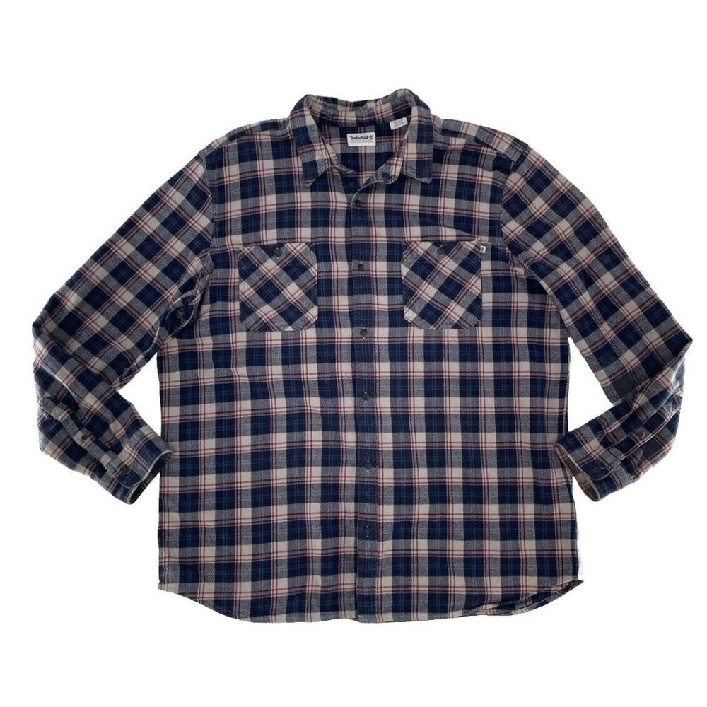 Timberland Men’s Blue‎ Gray Plaid Button Up Cotton Shirt XXL Heavyduty Gorpcore